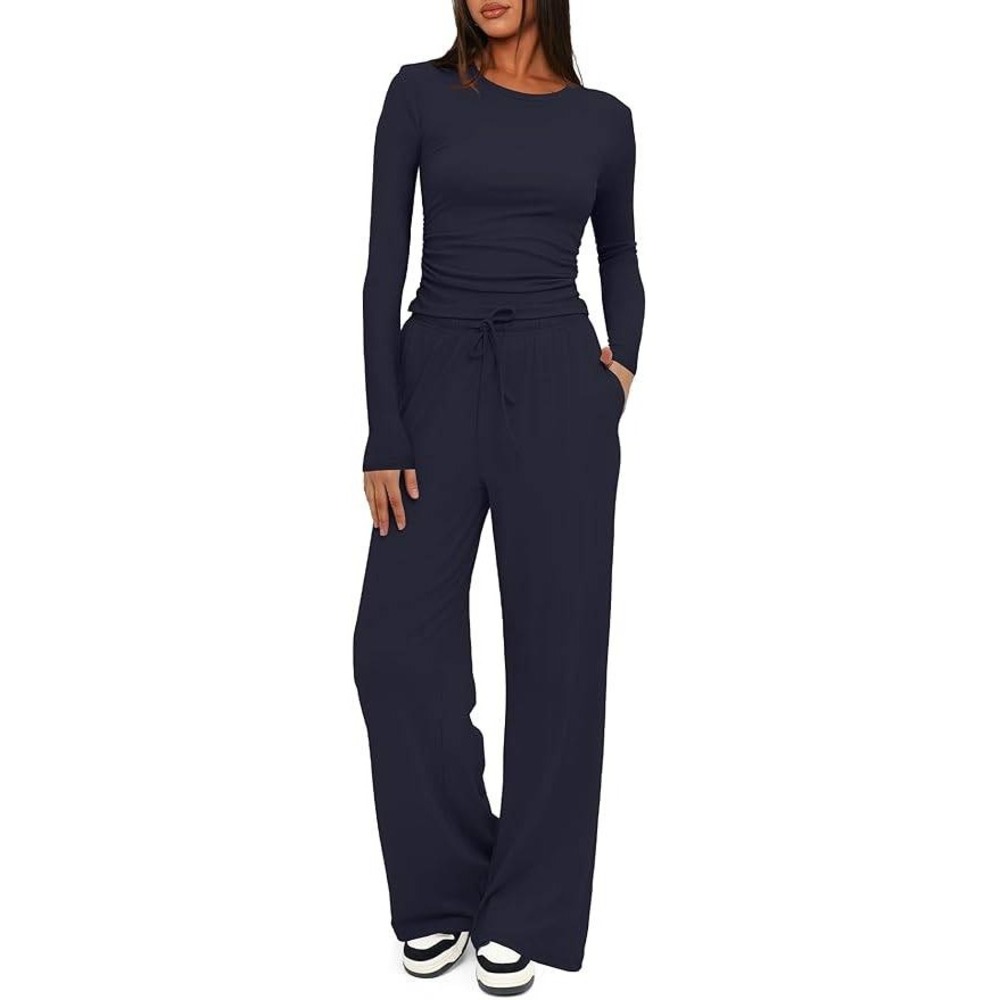 MSRP $41 Darong Women's S 2 Piece Set Long Sleeve Crew Neck Top Wide Leg Pants